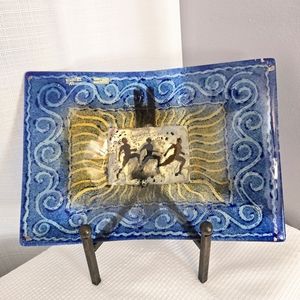 Mixaha Art Hlass Console Centerpiece Dish  Fused Running Men Swirls Greece